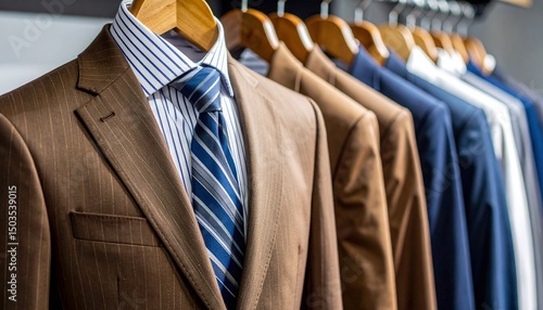 清潔なストライプ柄のワイシャツと茶色のスーツ_