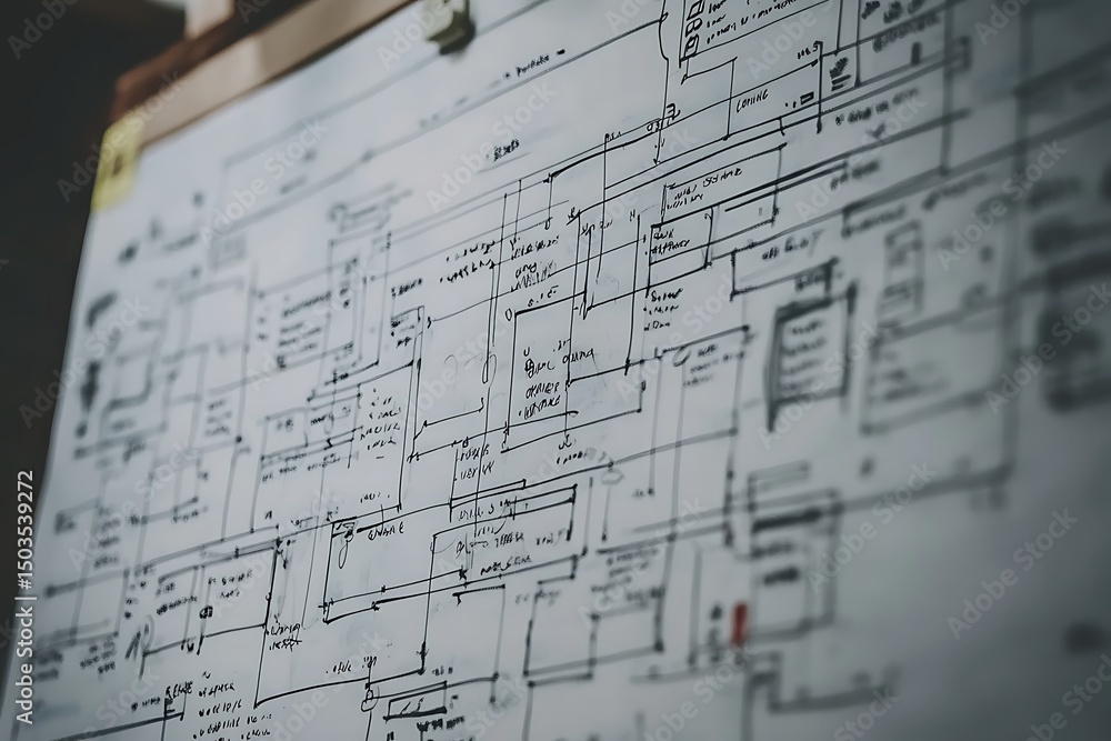 Fototapeta premium Complex Hand-Drawn Diagram: Flowchart of Interconnected Boxes and Lines on Whiteboard, Concept Planning.
