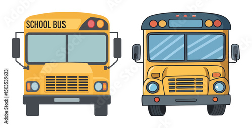 Front view of two yellow school buses isolated on transparent background with detailed windows and headlights