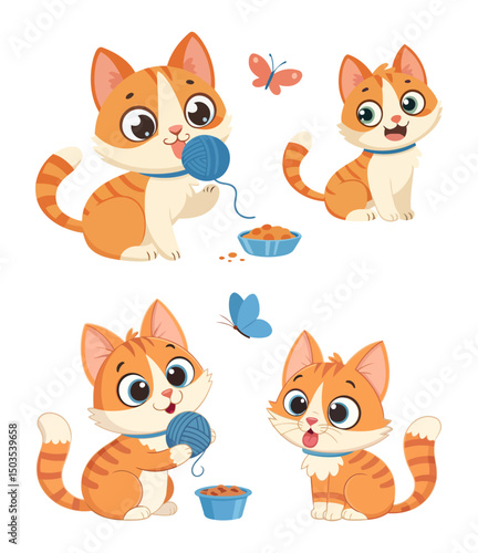 Two pairs of charming kittens with expressive faces and collars enjoying playtime