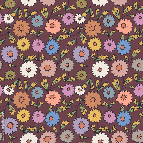 Ditsy floral seamless pattern on burgundy background. Hand drawn vintage backdrop with tiny daisy flowers. Cottage core sketchy blooms and leaves texture.
