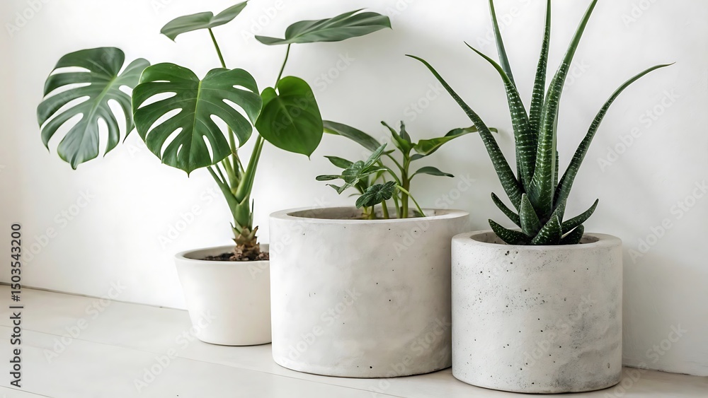 Fototapeta premium Minimalist Indoor Plants in Concrete Pots Against a White Wall Featuring Monstera Deliciosa Alocasia and Sansevieria Creating a Serene and Modern Interior Aesthetic