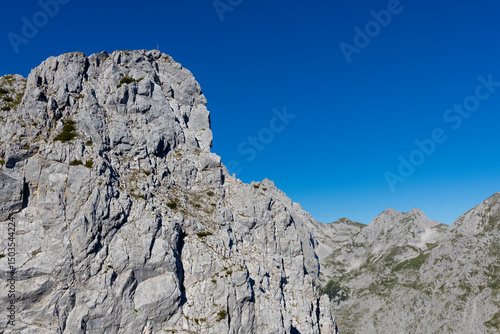 Alpspitze and Zugspitze mountains in Germany and Austria, Garmisch-Partenkirchen town in Bavaria region. Highest mountain of Germany, via ferrata on Alpshpitze beautiful mountain alpine landscape