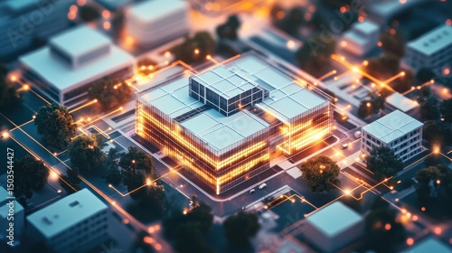 Aerial view of modern commercial building with illuminated features and urban setting