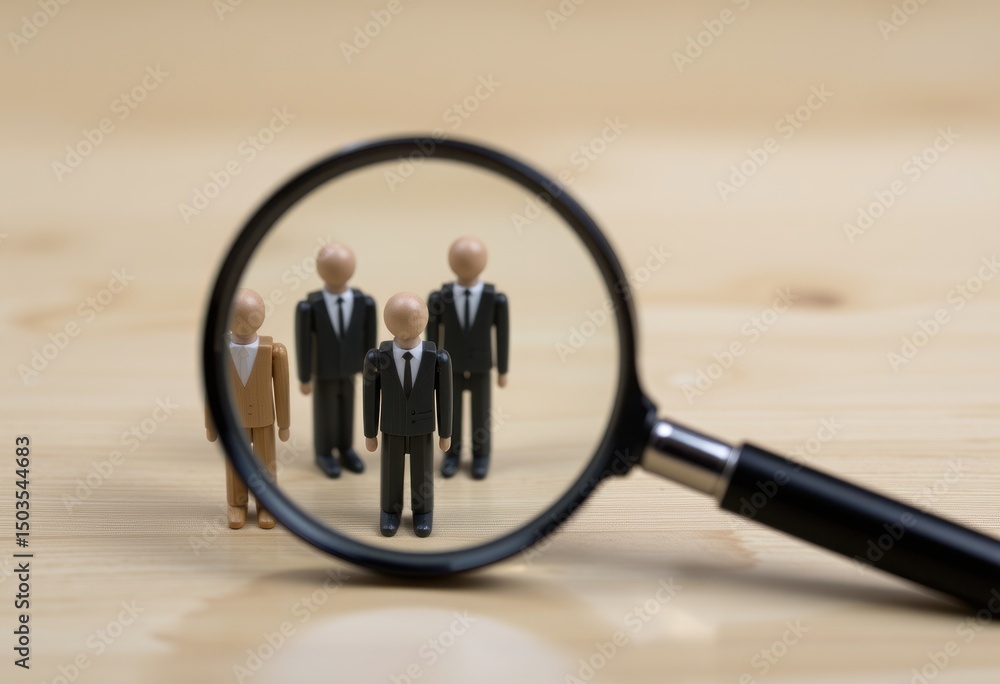 Fototapeta premium Businessmen Figurines Under Magnifying Glass on Wooden Surface 