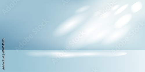 Light blue background with intricate light and shadow from the window shining on the wall and floor. Simple abstract pattern backdrop for product display. Art & Illustration