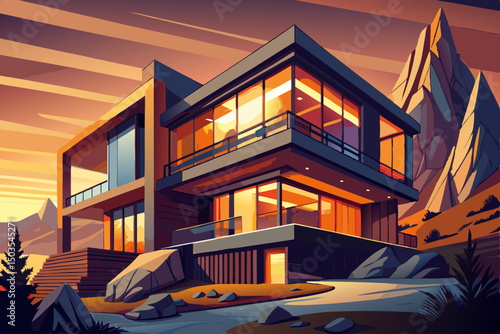 Modern wooden cube luxury house exterior vector with illuminated windows at dusk sunset