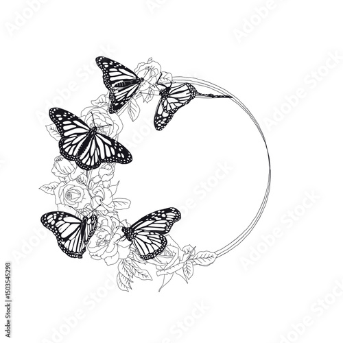 Hand drawn black and white monarch butterfly and rose flowers round frame. Beautiful tropical insect greeting card design. Vector illustration on white background