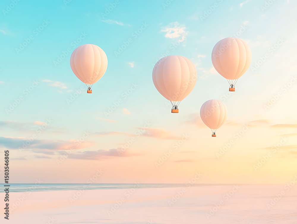 Naklejka premium White hot air balloons over beach.