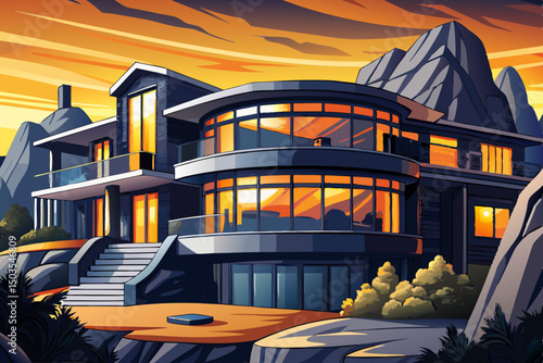 Modern black circle luxury house exterior vector with illuminated windows at dusk sunset