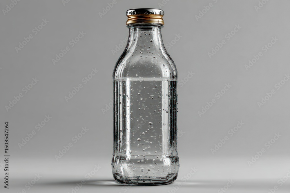 Fototapeta premium A glass bottle filled with water featuring a metallic cap and condensation droplets on a neutr