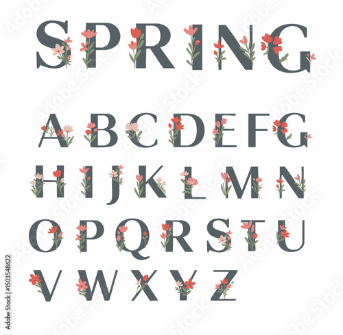 Elegant floral alphabet with red and pink flowers. Serif uppercase letters with spring botanical decorations, ideal for wedding designs, greeting cards, and seasonal branding.