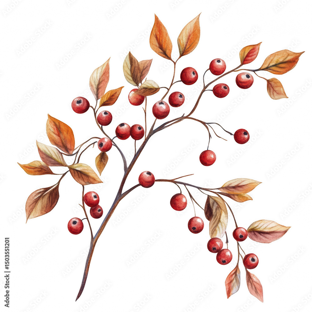 Naklejka premium Watercolor berries branch with leaves cutout