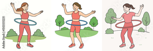 Vector collection of woman playing hula hoop in the park, wearing pink sportswear