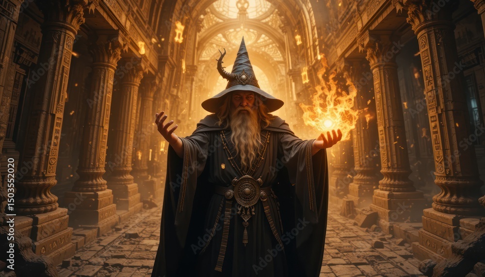 Naklejka premium In the great hall of the ruined castle, a wizard with a long beard and a hooded robe raised his magic wand, which crackled with blue energy. The crystal tip of the wand radiated powerful energy.