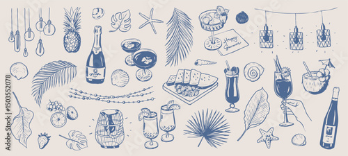 Summer beach party doodle elements. Summer lights, boho garland. Holiday drawings. Hand drawn illustration of drinks, cocktails, palm leaves, shells and fruits isolated. Graphic sketches background.