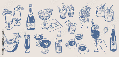 Summer party cocktails and drinks doodles. Holiday elements. Beverages drawings. Hand drawn illustration of glasses, goblets with fruits. Bottle sketches isolated. Graphic background.