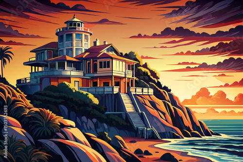 Queenslander style architecture vector with amazing oceans views at dusk illustration