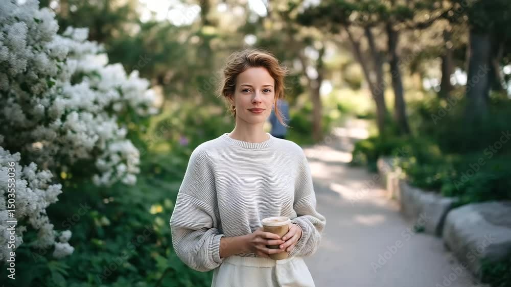 Woman enjoying a sunny park trail with an iced latte Woman enjoying a sunny park trail with an iced latte