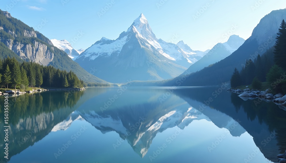 Fototapeta premium Mountain Landscape with Snow Peaks and Lake Reflection
