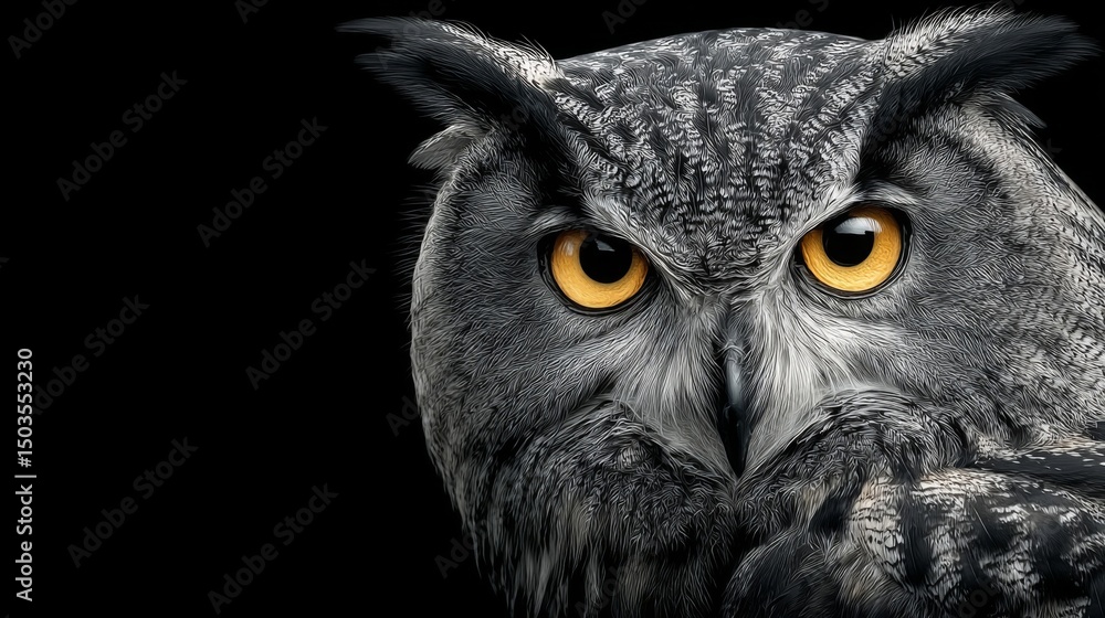Obraz premium Gray Owl Closeup Portrait Against Black Background