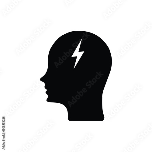 Silhouette of a human head profile with a lightning bolt inside, representing a concept of energy, mental focus, stress, headache, or powerful thinking. Perfect for health or psychology themes.
