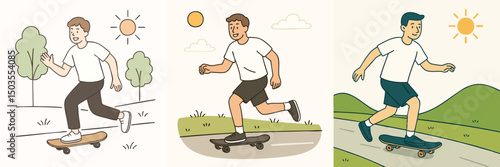 Vector Illustration collection of man playing skateboard on summer street, wearing white t-shirt and black pants