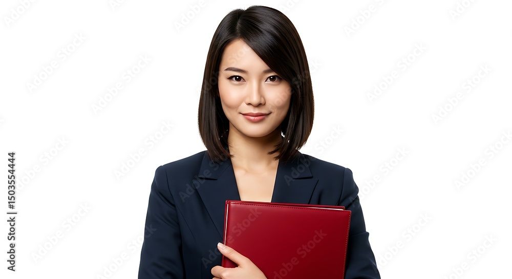 Attractive Asian Professional Woman with Brown Hair Holding a Red Folder on Isolated Background Attractive Asian Professional Woman with Brown Hair Holding a Red Folder on Isolated Background