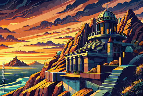 Queenslander style architecture vector with amazing oceans views at dusk illustration