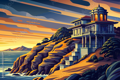 Queenslander style architecture vector with amazing oceans views at dusk illustration