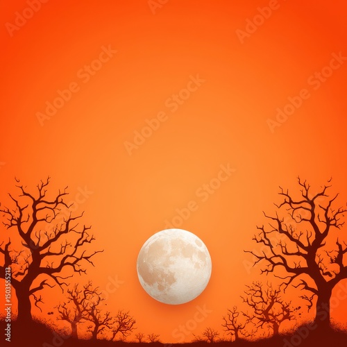 Spooky Halloween Night with Full Moon and Silhouetted Trees