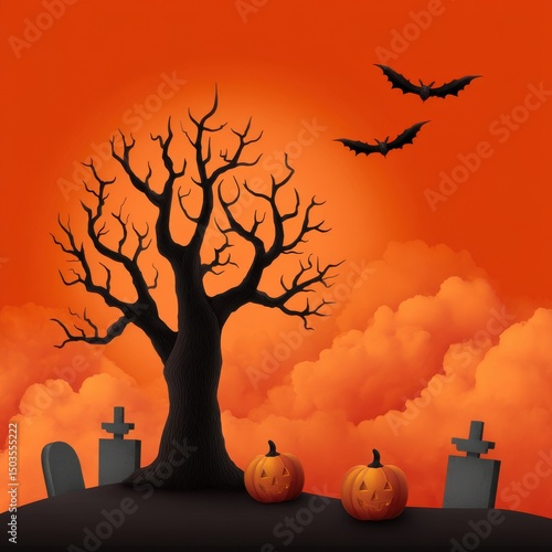 Spooky Halloween Scene with Tree, Bats, Pumpkins, and Gravestones