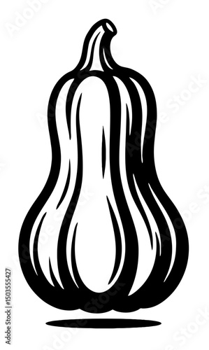 A pumpkin squash is shown in black and white