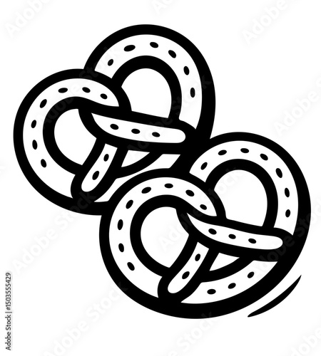 Two round, black, doughnut pretzels shaped pastries with a hole in the middle