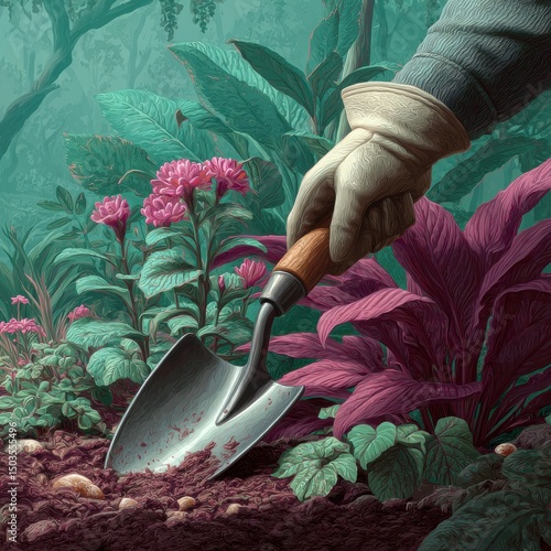 Gardening Tools and Colorful Plants in a Lush Green Environment