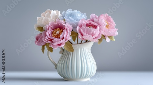 Beautiful Floral Arrangement in a Ceramic Vase on Gray Background