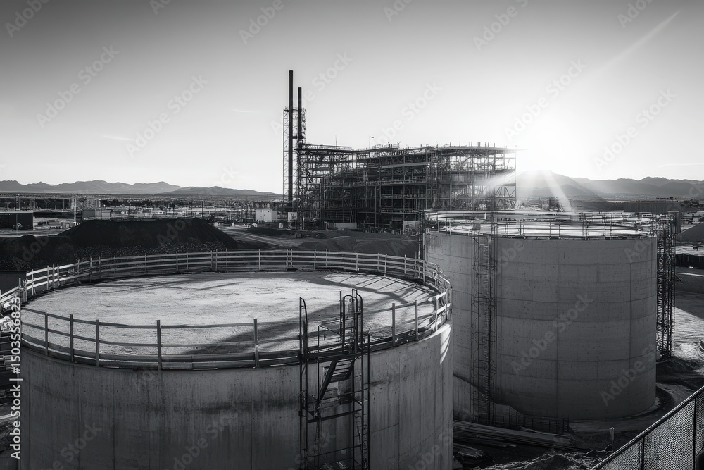 Obraz premium Industrial scene with storage tanks and construction in black and white
