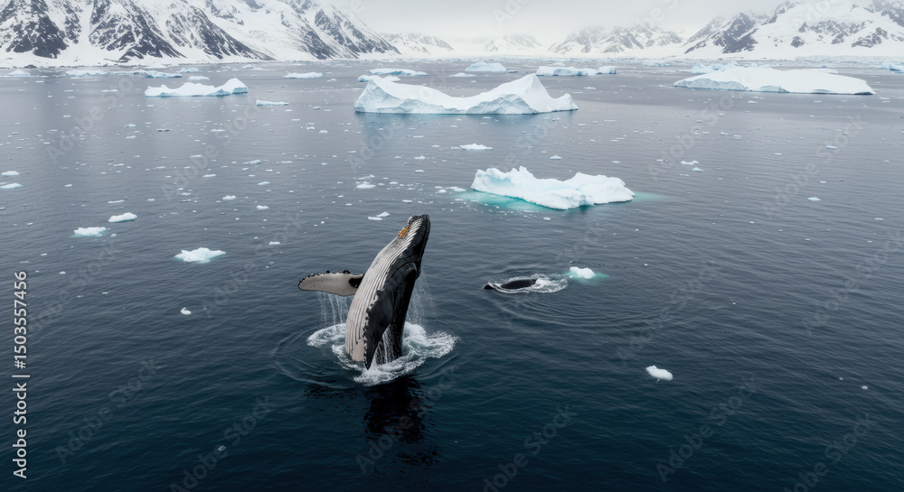 Obraz premium Humpback whale breaching near icebergs in Arctic or Antarctic ocean. Wildlife, nature, marine concept.