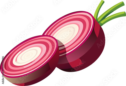 Isolated beetroot. Whole beetroot and two slices, A sliced beetroot showing red rings on a white background 