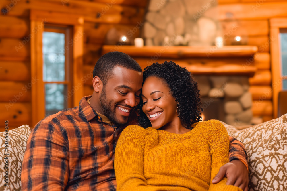 Fototapeta premium A couple is sitting on a couch, smiling and hugging each other