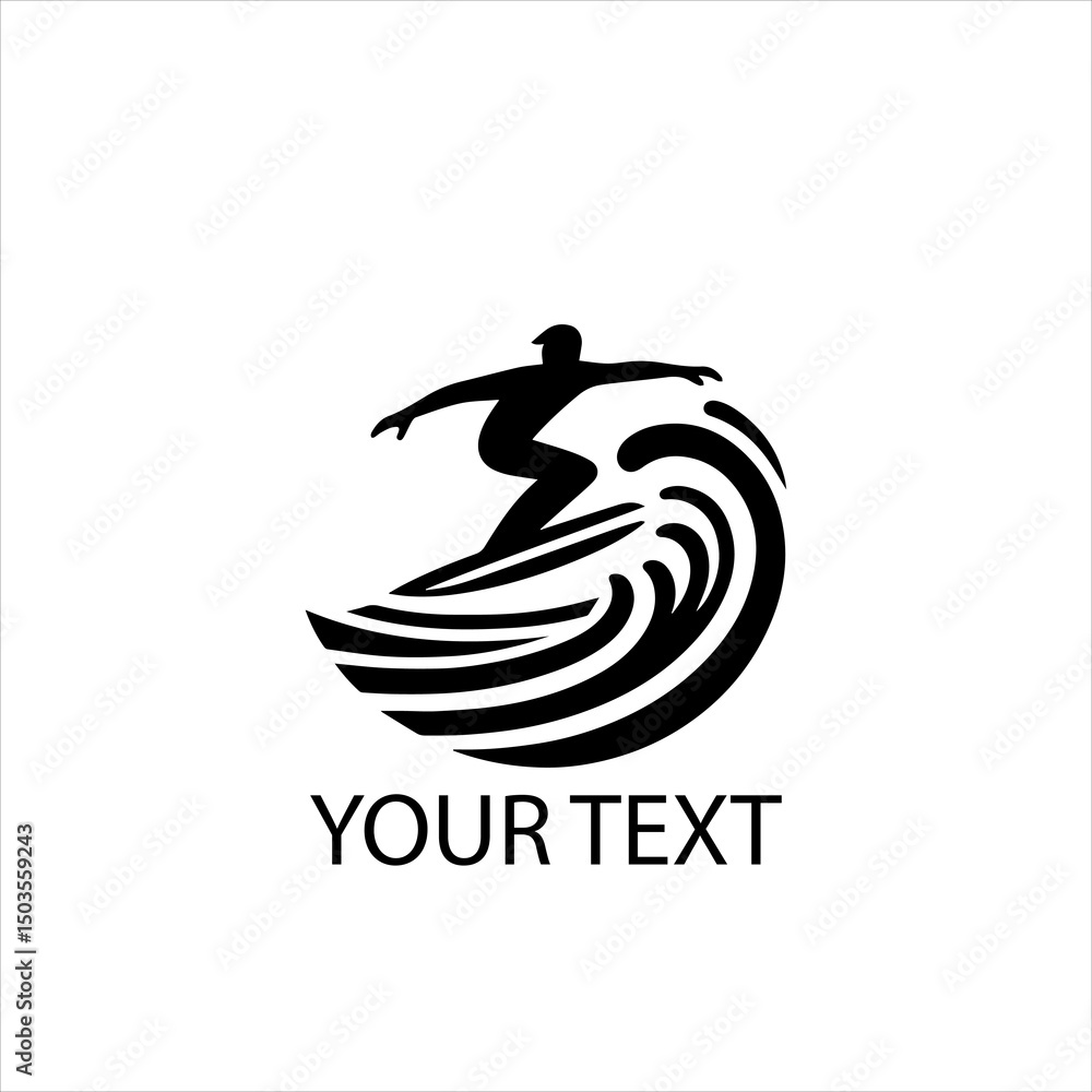 Obraz premium Surfing Man Logo Design – Surfer Riding Wave Vector Emblem Isolated on White Background