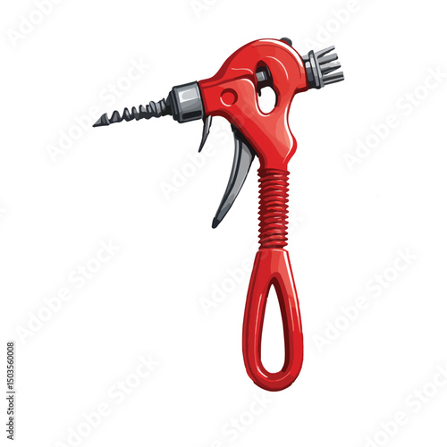 a single flat vector icon of a long coiled metal drain cleaner tool with a flexible wire body and a bright red plastic handle
