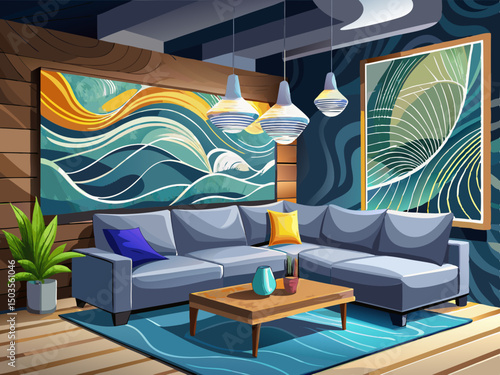vector of A modern living room with a large gray sectional sofa, gray pillows, and a wooden wall painting with wave designs with ambient light...