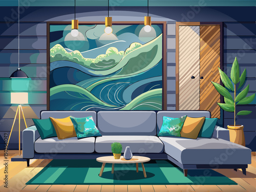 vector of A modern living room with a large gray sectional sofa, gray pillows, and a wooden wall painting with wave designs with ambient light...