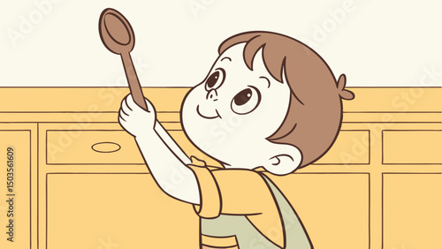 Young boy holding wooden spoon with a joyful expression in kitchen  