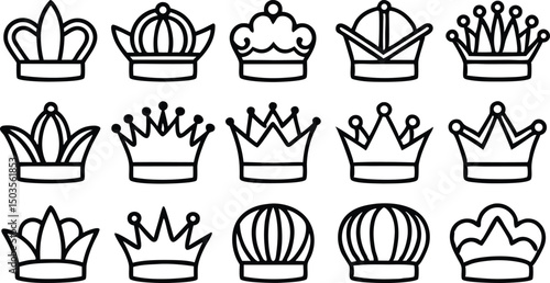 Collection of Elegant Crown Line Art Royal Design Elements for Projects