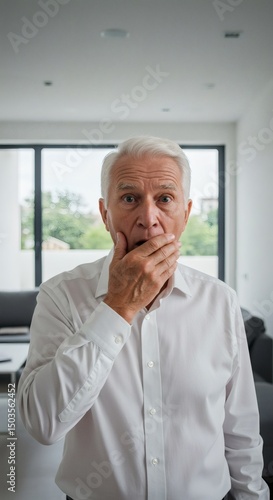 Wallpaper Mural Shocked senior man portrait expressing surprise and disbelief at home Torontodigital.ca