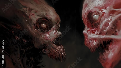 Two grotesque humanoid creatures with exposed teeth and blood facing each other on a dark background