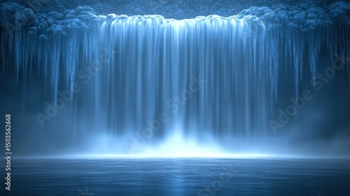 Frozen Waterfall Cascading into Serene Pool at Night