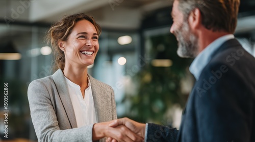 Businesswoman and Businessman Shaking Hands After Successful Hiring Agreement, Celebrating Corporate Partnership